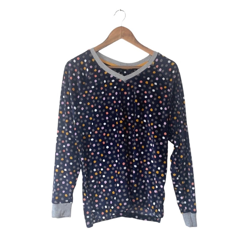 Cuddl Duds Fleece Long Sleeve Top Polkadot Navy Blue Yellow Spots Sleep Large